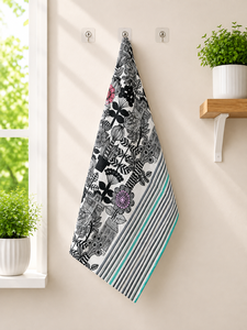 Essuie-mains de cuisine imprimé floral noir et blanc |   Essuie-tout à motif botanique moderne |   Serviette de cuisine en lin rayée - Product Image 3