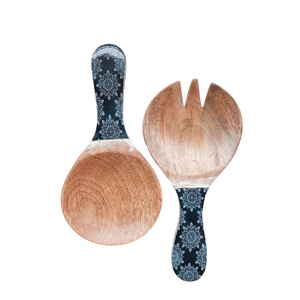 Handcrafted Eco-Friendly Mango Wood Salad Servers Set Long Handle Wooden <b>Serving</b> <b>Spoon</b> And Fork With Decorative Enamel Print - Product Image 3