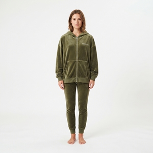Ensemble de survêtement d'hiver pour femme en mélange de velours, sweat-shirt zippé oversize uni et pantalon à jambe slim à taille élastique, vente en gros - Product Image 5
