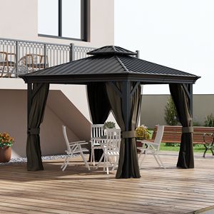 Elegante Gazebo 10x10 con Tetto Rigido, Tende e Zanzariere, Doppio Tetto in Metallo, Telaio in Alluminio con Ganci, Marrone Scuro per Giardino e Patio, Dimensioni 3x4 - Product Image 2