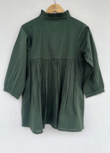 Women's Dark Green Cotton Long Sleeve <b>Top</b> Solid Color Ruffle Neck Design Blouse Bohemian Casual Wear Lightweight Summer Tunic - Product Image 4