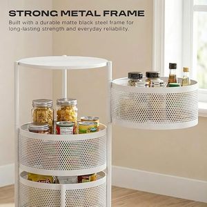 Étagère de rangement ronde en métal à 3 niveaux, organisateur de cuisine mobile avec roulettes pour le stockage des aliments, design minimaliste, blanc - Product Image 3