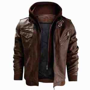 Factory Wholesale Fashion <b>Men</b> Racer Motorcycle PU Leather <b>Jackets</b> Plus Size Hooded Coat Brown Black <b>Warm</b> <b>Jacket</b> - Product Image 2