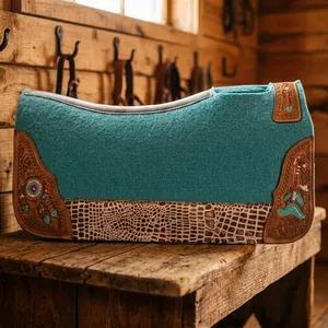 Almohadilla de Silla de Montar Western de Algodón Teal con Ribete de Cuero Marrón y Forro de Lana para Montar a Caballo, 100% Lana, Cómoda - Product Image 1