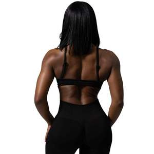 Soutien-gorge de sport noir froncé à col en V avec logo personnalisé pour femme, maintien élevé, rembourré, pour la gym, l'athlétisme, le fitness, crop top, vêtements de sport, vente en gros - Product Image 2