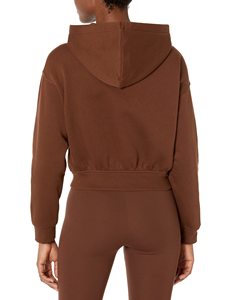 Sweat-shirt à capuche marron pour femme, coupe courte, manches régulières, couleur unie, en coton tricoté, pour l'automne - Product Image 2