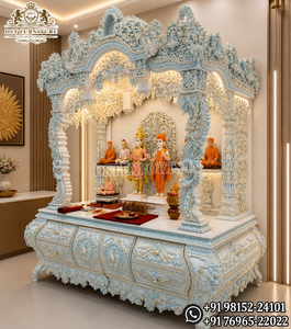 Swaminarayan Hand Carved <b>Mandir</b> in Marble Look BAPS Design White Gold Swaminarayan Temple Best Quality Teak Wooden Carved <b>Mandir</b> - Product Image 3