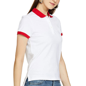 Polo pour femme en coton 100% - Couleur unie blanche - Manches courtes - Col et poignets rouges - Style décontracté - Product Image 2