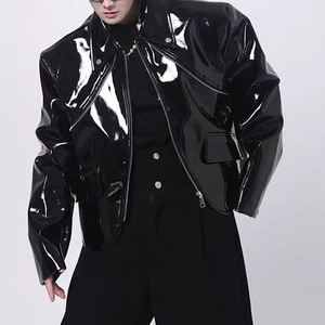 <b>Men's</b> Black PU Leather Bomber <b>Jacket</b> Moto Style Turn-down Collar Zipper Closure Solid Color Regular Length Loose Fit - Product Image 1