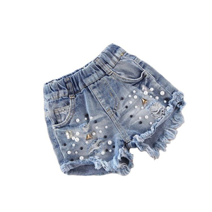 Short en jean décontracté OEM 2026 pour bébé fille, coupe ample, haute qualité, délavé, avec trous perlés, en denim élastique - Product Image 6