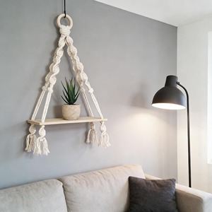 Boho Style Set Of 2 Macrame Wall Hanging Shelves With Wooden Base Ideal For Bedroom Candle Display And Lighting Decor From India - Product Image 5
