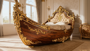 Letto a Forma di <span class=keywords><strong>Galeone</strong></span> Reale di Lusso con Cornice in Legno Intagliato e Finiture Dorate per Villa e Hotel - Product Image 6