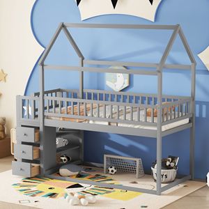 Letto a Castello Grigio TWIN/TWIN con Mensole e Cassetti per Bambini - Product Image 2