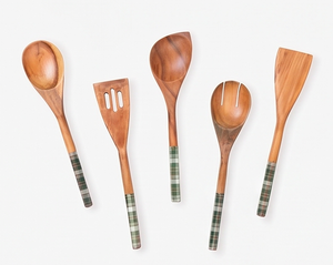 Juego de cubiertos de madera con mango pintado con diseño tartán, resistente al calor, tallado a mano, perfecto para utensilios de cocina y uso en campamentos. - Product Image 1