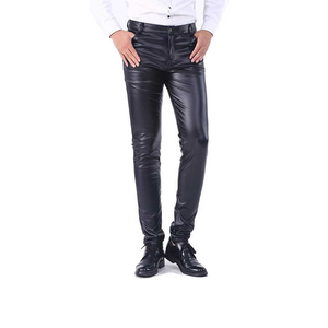 Pantalones de Cuero PU Negros para Hombre, Cintura Alta, Corte Ajustado, Estilo Motero, con Bolsillos Laterales, Cierre de Cremallera, Transpirables, de Spandex y Poliéster - Product Image 4