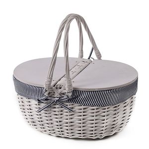 White Rattan Picnic <b>Basket</b> with Double Lids Vintage Handwoven Willow Storage Hamper Polka Dot Fabric Liner Outdoor Camping <b>Gift</b> - Product Image 3