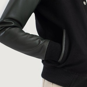 Black Breathable Embroidered Knitted Varsity <b>Jacket</b> PU <b>Leather</b> Sleeves Button Front Stand Collar Casual Regular Fit Autumn Wear - Product Image 6