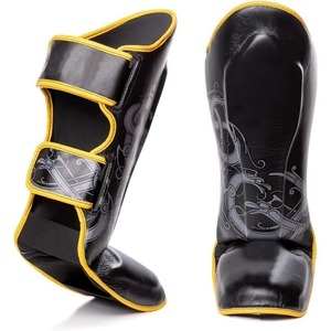 Adult Black PU Leather Shin Guards With Gold Trim Sublimation Design Hook And Loop Closure Lightweight Sports Protection - Product Image 2