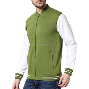 <b>Men's</b> Green <b>White</b> Sleeve Varsity <b>Jacket</b> Zipper Stand Collar Casual Fleece Polyester Cotton Autumn Wear - Product Image 3