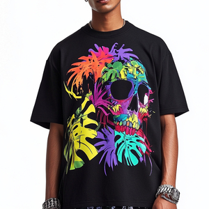 T-shirt noir surdimensionné personnalisé avec imprimé graphique floral de crâne, en coton doux, style streetwear hip-hop, mode masculine - Product Image 3