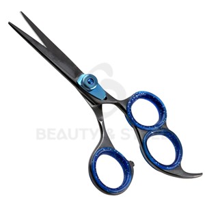 Ciseaux de barbier noirs en acier inoxydable de haute qualité, ciseaux à cheveux avec triple trou pour les doigts et inserts bleus - Product Image 2
