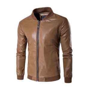 Blouson Bomber Homme en Cuir PU, Col Montant, Fermeture Éclair, Manches Classiques, Couleur Unie, Vêtement d'Extérieur Automne, Coupe Ajustée, en Cuir de Chèvre Véritable - Product Image 4