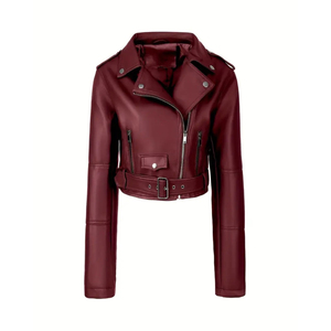 Chaqueta de Cuero Sintético PU Borgoña para Mujer, Estilo Bomber Vintage Chic de Otoño, Nueva Moda, con Logo, Manga Larga, Reversible, Teñido Liso - Product Image 6