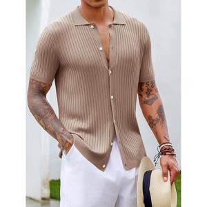Tricot spandex de haute qualité pour hommes, polo à manches courtes, hauts de golf à boutons, vêtements de plage d'été côtelés décontractés foncés - Product Image 1