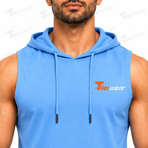 Camiseta sin mangas con capucha azul para hombre, de poliéster de secado rápido, chaleco deportivo informal con logo estampado frontal, camiseta con capucha para hombre - Product Image 5