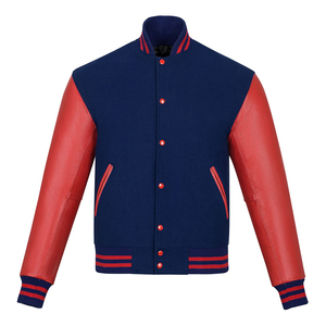 Veste universitaire pour homme, bleu marine et rouge, manches en cuir PU, col montant, bouton unique, style preppy, décontractée pour l'automne - Product Image 2