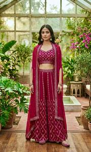 Blouse traditionnelle en faux georgette pour femme avec pantalon Plazo, idéale pour les fêtes, les mariages, Diwali et toutes les saisons, ensemble sharara - Product Image 4