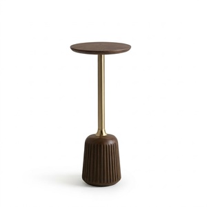 Eco-Friendly Simple Taper Ribbed Base Walnut Finish Wooden <b>Round</b> TOP <b>Side</b> <b>Table</b> Connected with Metal Brass Finish Base For Home - Product Image 1