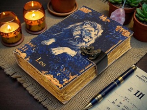 Carnet artisanal en cuir de buffle, motif arbre de vie, signe du zodiaque Lion, astrologie, multicolore, livre de sorts vierge, ombres, vintage, par Herb Heritage - Product Image 2