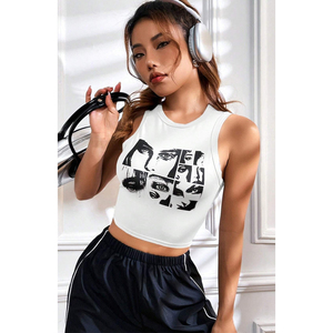 Women's Plus Size <b>White</b> Sleeveless Crop Top with Black Face Print Crew Neck Denim Streetwear Regular Fit Summer Wear Tie-Dye - Product Image 3