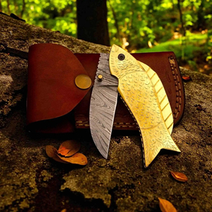 Handmade Damascus Steel Folding <b>Knife</b> with Engraved Brass <b>Fish</b> Handle Free Leather Sheath, Folding <b>Knife</b>, Pocket <b>Knife</b> - Product Image 6