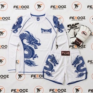 Thai Fight Gear Set <b>White</b> Black Dragon Pattern Long Sleeve <b>Top</b> and Boxing Shorts Training Clothing - Product Image 5