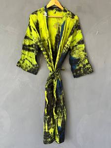 Kimono de algodón con cuello en V y efecto tie-dye para mujer, kimono largo de algodón estilo bohemio, túnica tie-dye hecha a mano, pareo ligero para la playa - Product Image 4