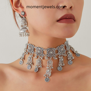 Vintage Ethnic Jewelry <b>Set</b> Choker Necklace and Drop Earrings Alloy <b>Crystal</b> Rhinestone Wedding Party Accessory for Women - Product Image 4