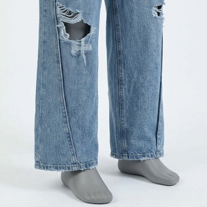 Men's High Waist Wide Leg Distressed Denim <b>Jeans</b> With Ripped Detail And Front Logo <b>Punk</b> Style Autumn Wear - Product Image 3