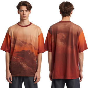 T-shirt pour homme de qualité supérieure, coupe ample, épaules tombantes, avec imprimé graphique de paysage au coucher du soleil et style streetwear décontracté - Product Image 1