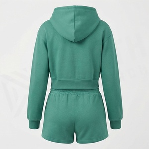 Ensemble 2 pièces en polaire pour femme : sweat à capuche et short, couleur unie, décontracté, au-dessus du genou, fermeture éclair avant, taille à cordon, coupe droite, printemps-été - Product Image 2