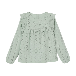 Blusa bordada de algodón de manga larga con ajuste Regular para niñas, camisa informal con diseño de volantes, tela de Color personalizado, venta al por mayor, muestra gratuita - Product Image 1