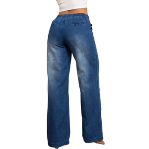 Jeans de Mezclilla Rectos de Color Azul Medio para Mujer, Cintura Media, Corte Regular, Estilo Casual Vintage Lavado, Moda Otoño, 100% Algodón - Product Image 2
