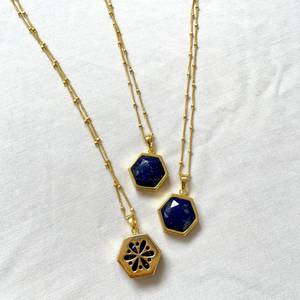 Lapis Lazuli Hexagon Charm Pendant Sterling Silver Necklace Gold Plated Blue Stone Women's Classic Top Grade Jewelry Handmade - Product Image 5