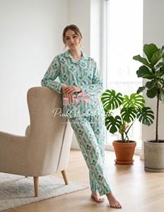 Handmade Cotton Pajama Set for Women Hand Block Print Long Sleeve Button <b>Down</b> Shirt and Matching Straight Leg Trousers - Product Image 6
