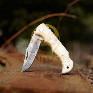Custom Damascus Folding <b>Knife</b> with Camel <b>Bone</b> <b>Handle</b> Razor Sharp Hunting EDC <b>Knife</b> - Product Image 4