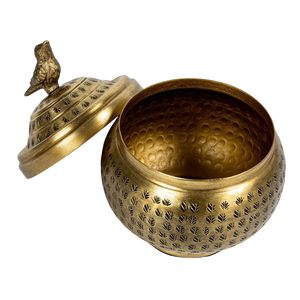 Contenedor Redondo de Metal Martillado con Tapa Decorativa con Adorno de Pájaro, Caja de Almacenamiento con Acabado de Latón para Decoración del Hogar - Product Image 4