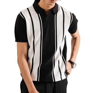 Camiseta Polo para Hombre, Negra y Blanca, con Rayas Verticales, Cuello en V Abierto, Premium de Verano, con Logotipo Personalizado - Product Image 1
