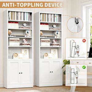 71-Inch Tall Metal Bookcase with 5 Tiers and Door Industrial White 9.2\" <b>Deep</b> Storage Adjustable <b>Shelves</b> - Product Image 4