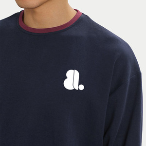 T-shirt décontracté pour homme en jersey de coton bleu marine à manches longues et col rond, avec logo lettre imprimé à l'avant, respirant, tissu 160g, sérigraphié - Product Image 5